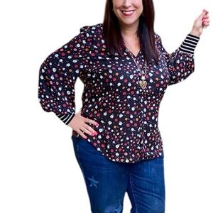 Cabi Floral Long Sleeves Striped Cuffs Button Down Blouse Small Black Red